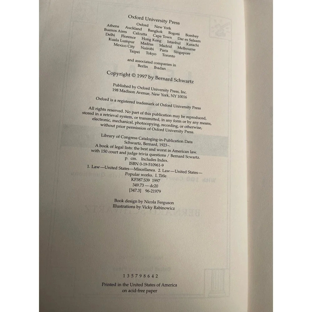 A Book of Legal Lists The Best & Worst in American Law Bernard Schwartz Hardcove